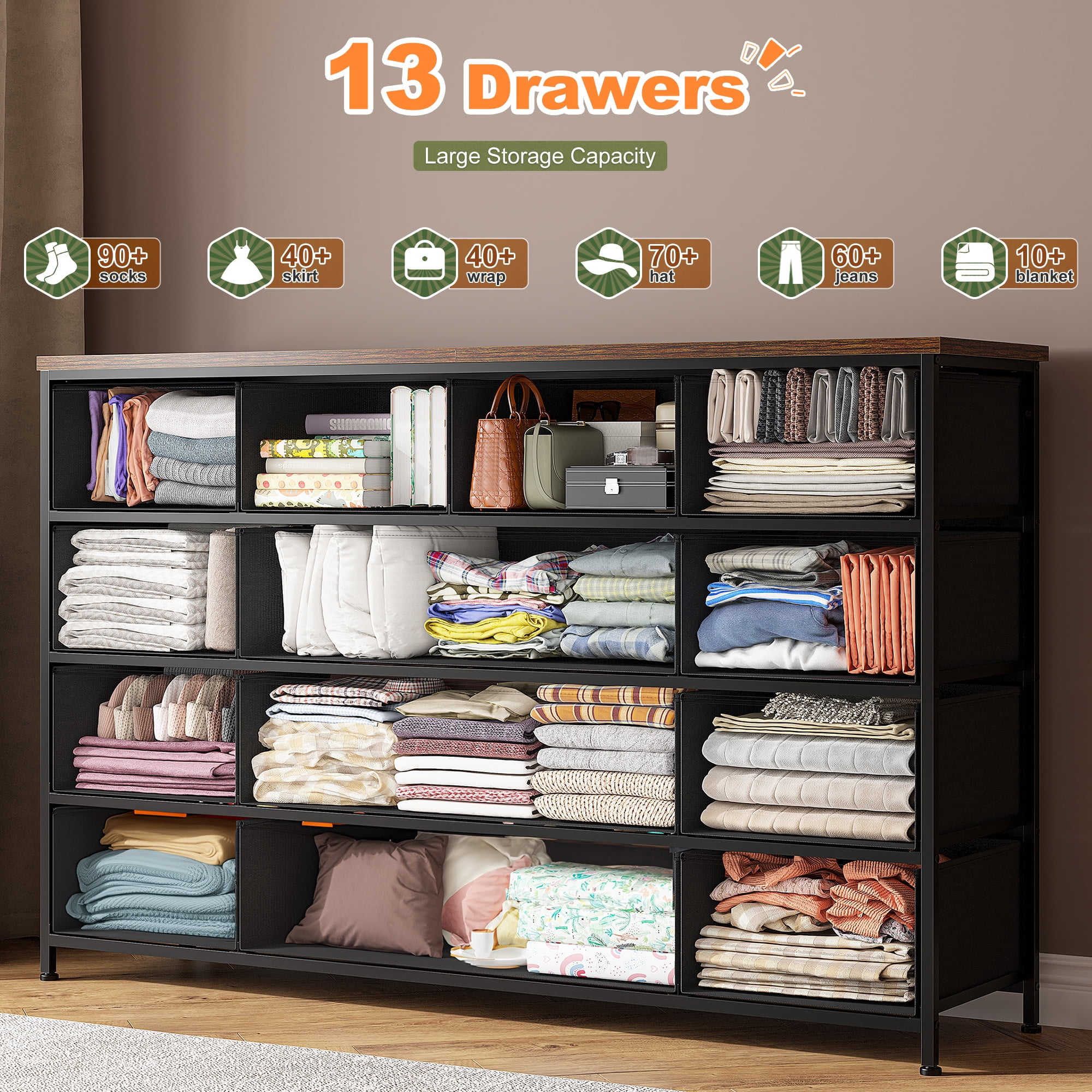 Romorgniz Dresser TV Stand, 13 Drawer Dressers for Bedroom, Chest of Drawers for 45" Long TV, Fabric Dresser for Storage, Rustic Brown