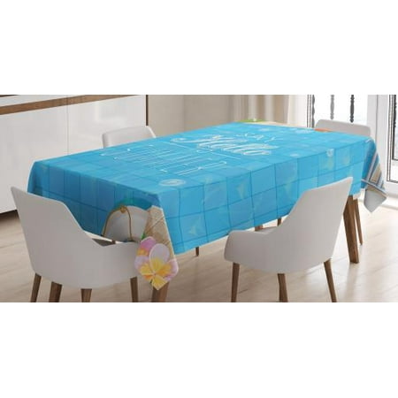 Hello Summer Tablecloth, Top View of Swimming Pool with Clean Water Flip Flops and Flippers Fun Holiday, Rectangular Table Cover for Dining Room Kitchen, 52 X 70 Inches, Multicolor, by