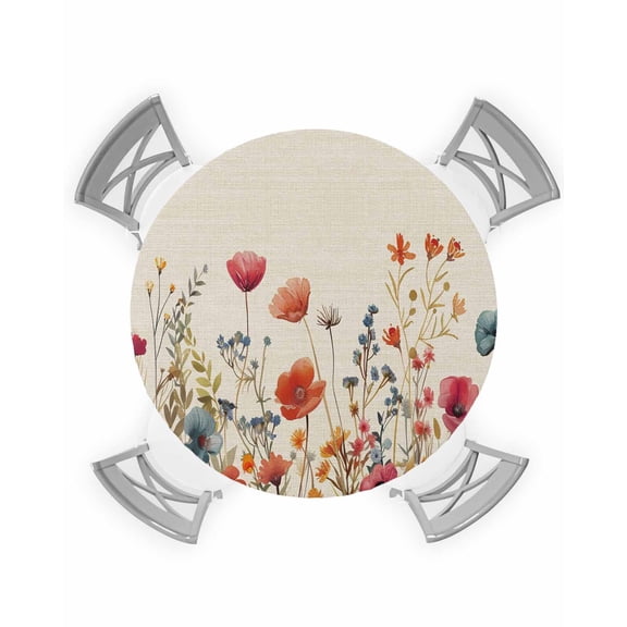 nqOlkjepod Pink Orange Teal Spring Floral Round Tablecloth, Fitted Table Cover with Elastic for 36"-44" Round Tables, Watercolor Botanical Summer Flowers Table Cloth Dinning Waterproof Tablecloths