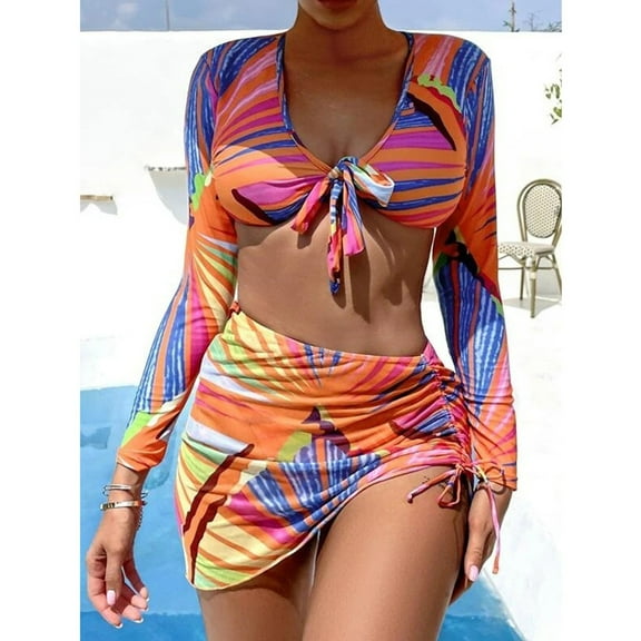 Lilgiuy Charming Women Bikini Print Splicing Three-piece Swimwear Swimsuit Beachwear Set Beach Football Mother's Day Summer Swimsuit Clearance