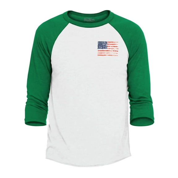 Shop4Ever Men's Distressed American Flag Pocket Size USA Patriotic 4th of July  Raglan Baseball Shirt Large White/Blue