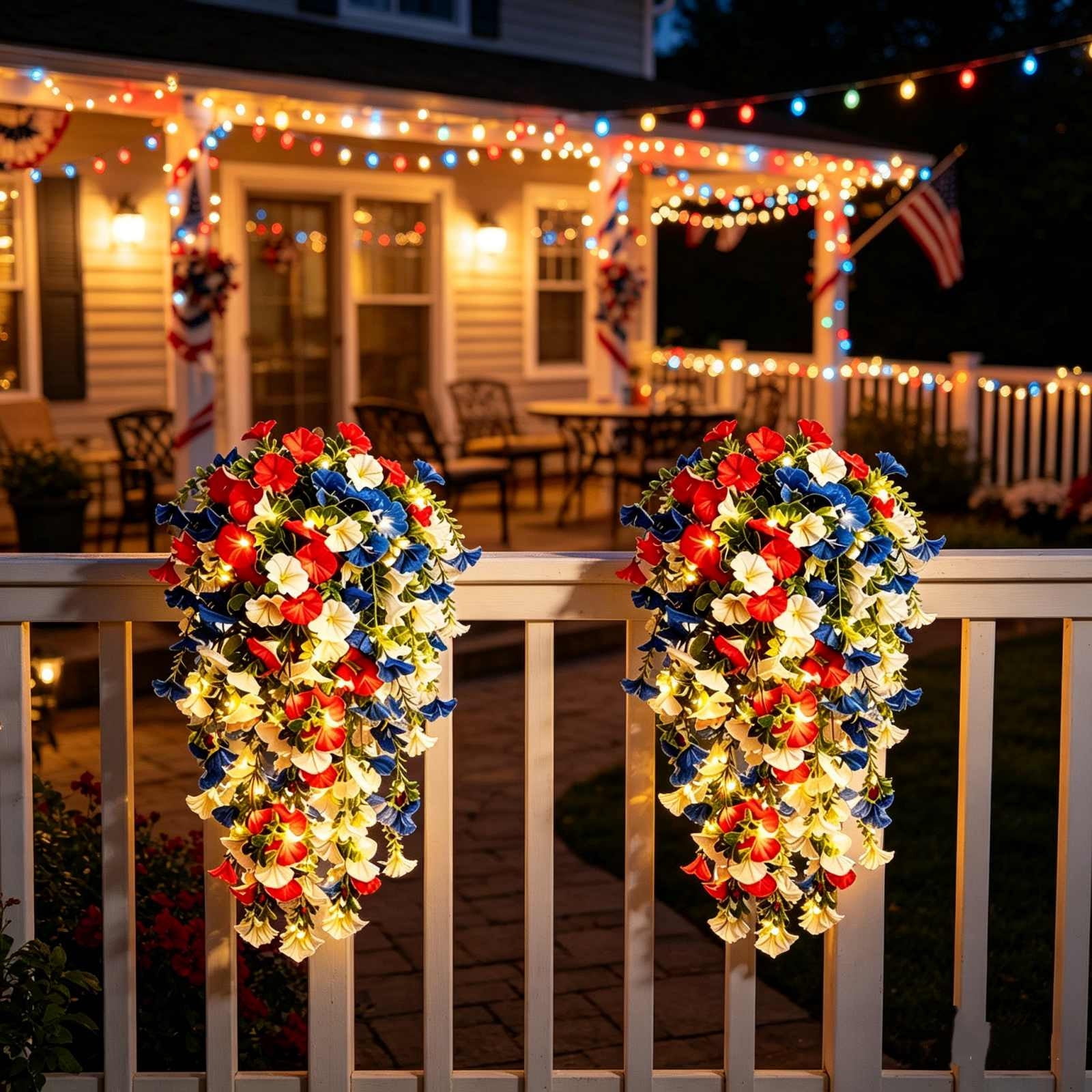 Red Blue White Flowers, Patriotic Artificial Hanging Plants, 4th of July 250th Anniversary Porch Decor Independence Day Floral Arrangement for Memorial Day Home Outdoor