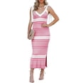 thumbnail image 2 of Women Summer Midi Bodycon Sweater Dress Sexy V Neck Tie Shoulder Striped Knit Side Slit Sleeveless Tank Dress, 2 of 5
