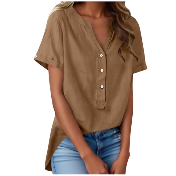 Gytharion Women's T-Shirts Summer Casual Short Sleeve V-Neck Top Fashion Solid Button Cotton Linen Beach Shirts for Women