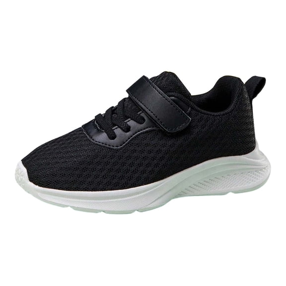 VNKIDY Boys Girls Sneakers Unisex Kids Solid Color Knit Breathable Upper Sports Shoes Hook And Loop Strap Lightweight Cushioned Sole Sneakers For Casual Daily Wear Black 5.5-6 Years