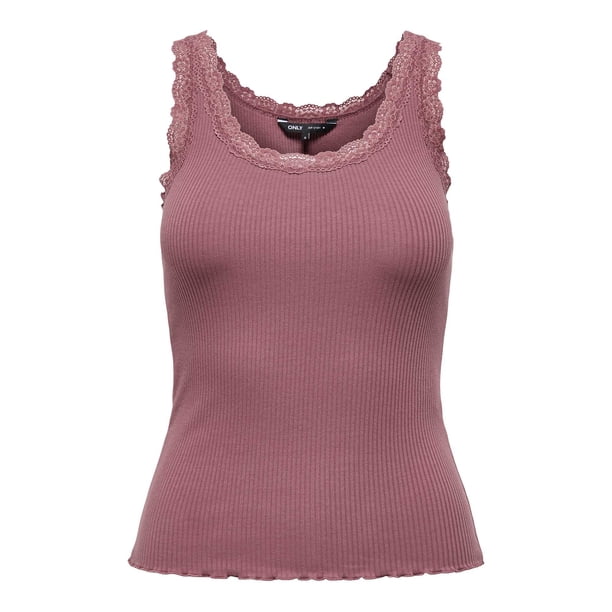 ONLY Top para mujer - ONLSARA SHARAI LIFEW TANK TOP, encaje, acanalado, cuello redondo, algodón Rosa M (Medium)