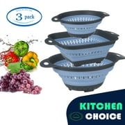 MEKBOK silicone collapsible colander 3-piece set, dishwasher safe, folding drainage filter basket, vegetable and fruit spaghetti basket (blue)