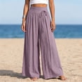 thumbnail image 5 of Women's Cotton Linen High Waist Tie Strap Pleated Wide Leg Pants, Elastic Waist Loose Pocket Resort Trousers, Soft Breathable Summer Bottoms for Travel Daily | TruHer,Purple S, 5 of 7