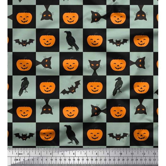 Soimoi Silk Fabric Pumpkin,Cat & Bat Halloween Print Fabric by Yard 42 Inch Wide