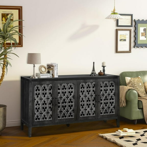 HQZX Country Wooden Hollow 4 Door Storage Cabinet, Mid-Century Sideboard, for Living Room,Black