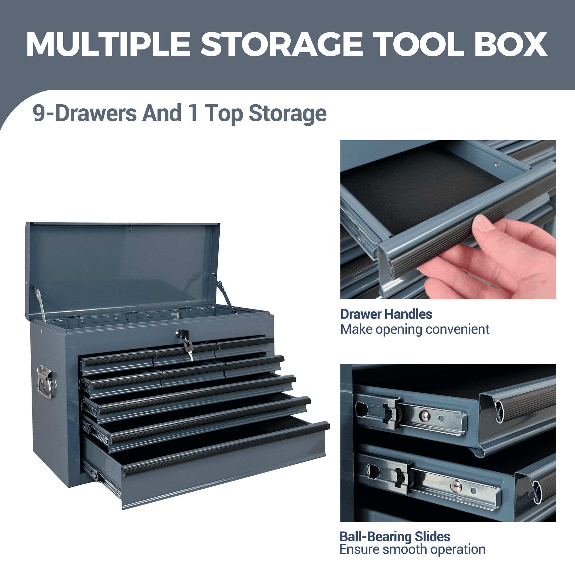Heavy Duty Metal Tool Box,24 Inch Portable Tool Chest with 9 Drawers, Ball Bearing Slide Drawers with Auto-Locking System, Lockable Top Box Tool Organizer for Garage, Workshop, Truck,Grey