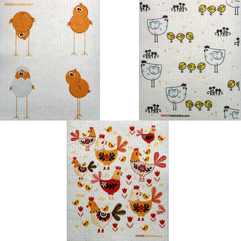 Swedish Dishcloths Mixed Chickens Set of 3 each (One Of Each Design