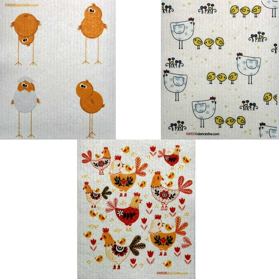 SWEDEdishcloths Reusable Cleaning Wipes, Mixed Chickens Set of 3, One Of Each Design