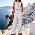 thumbnail image 4 of Textilo Cotton Linen Sets for Women 2 Piece Sleeveless Crewneck Crop Top and Wide Leg Drawstring Pants Elastic High Waisted Outfit Travel Lounge Summer Vacation Loose-Fit Walking Wear,White L, 4 of 6