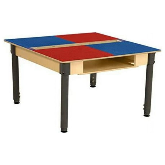 Time-2-Play  Square Play Table with Trough, Shelf & Adjustable 18-29 in. Legs & Duplo Compatible Grid, Red & Blue
