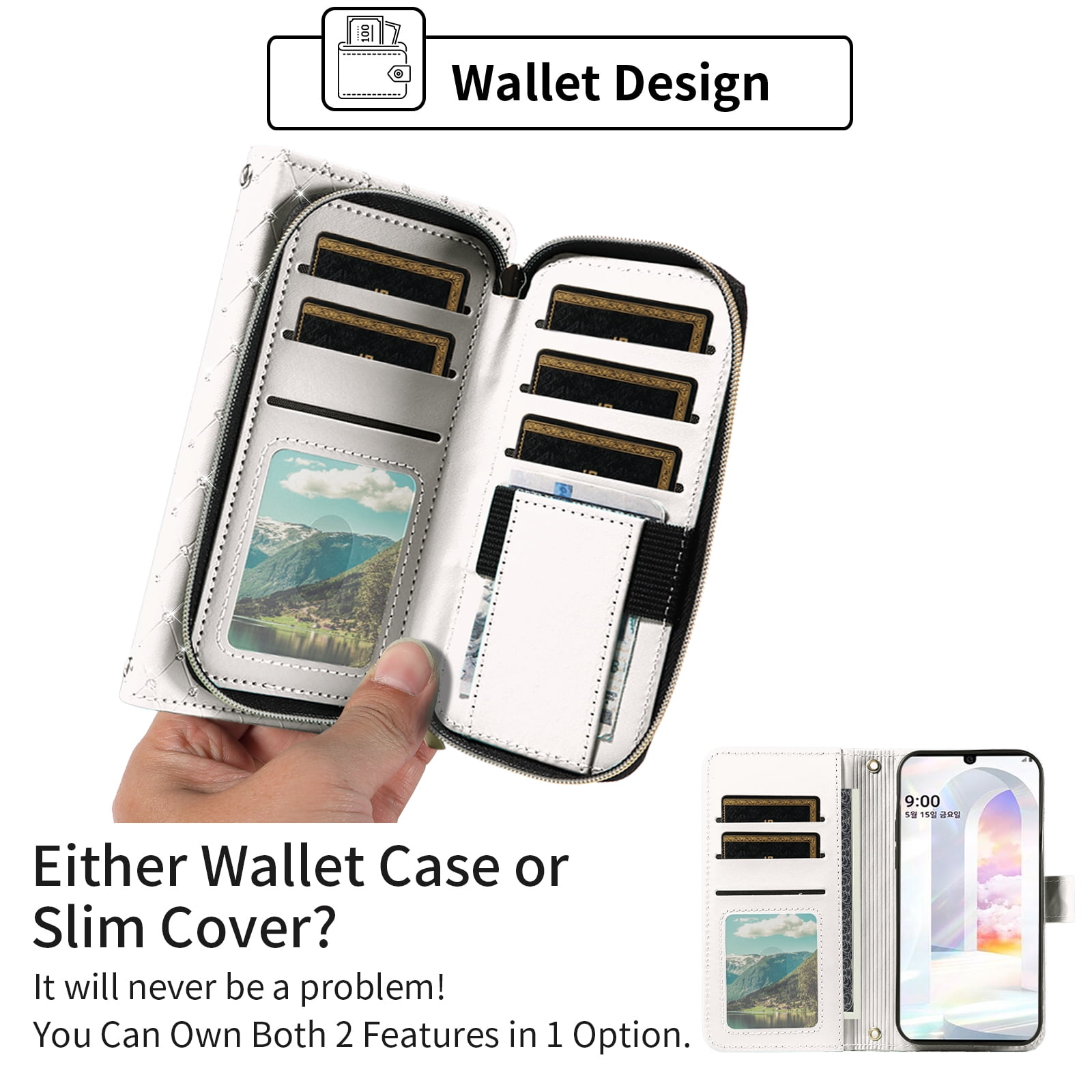 Asuwish Wallet Phone Case for LG Velvet 5G/LGVelvet Verizon G5 UW T-mobile 2020 Tempered Glass Screen Protector Bling Glitter Crossbody Lanyard Strap Flip Zipper Purse Card Holder Cell Cover White