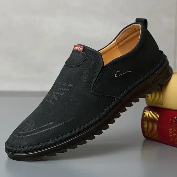 Men‘s Cowhide Breathable Soft Loafers Khaki/Black