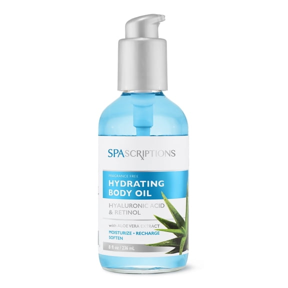 SpaScriptions Fragrance Free Hydrating Body Oil with Hyaluronic Acid & Retinol, Cruelty-Free, Nourishing, Spa-Like Treatment with Aloe Vera Extract to Moisturize Recharge & Soften, 8 oz.
