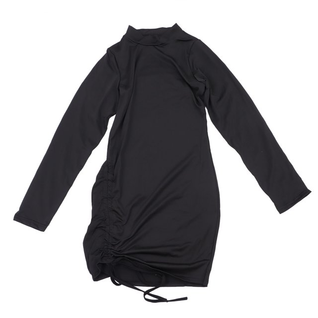 Vestido fruncido con cordón, cuello alto, manga larga, fruncido, ajustado, vestido corto para mujer, citas, negro M