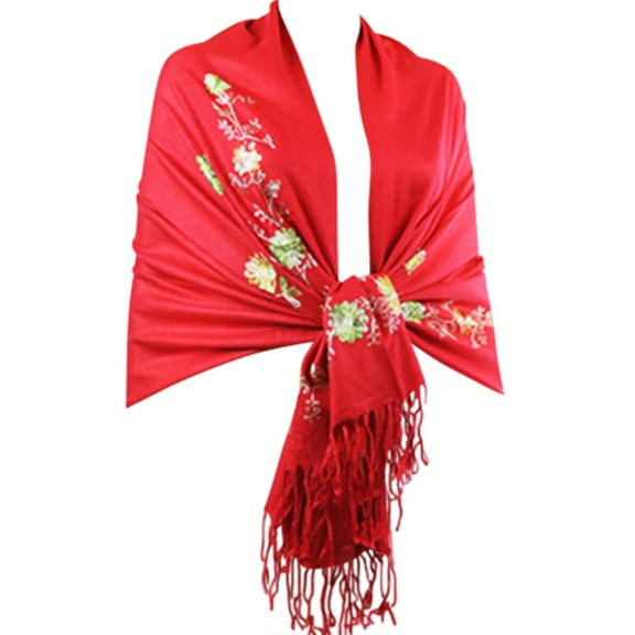 Vibrant Red Pashmina Scarf with Exquisite Floral Embroidery and Tassels