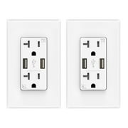 ELEGRP USB Charger Wall Outlet, Dual High Speed 4.0 Amp USB Ports with Smart Chip, 20 Amp Duplex Tamper Resistant Receptacle Plug, Screwless Wall Plate Included, UL Listed (2 Pack, White)