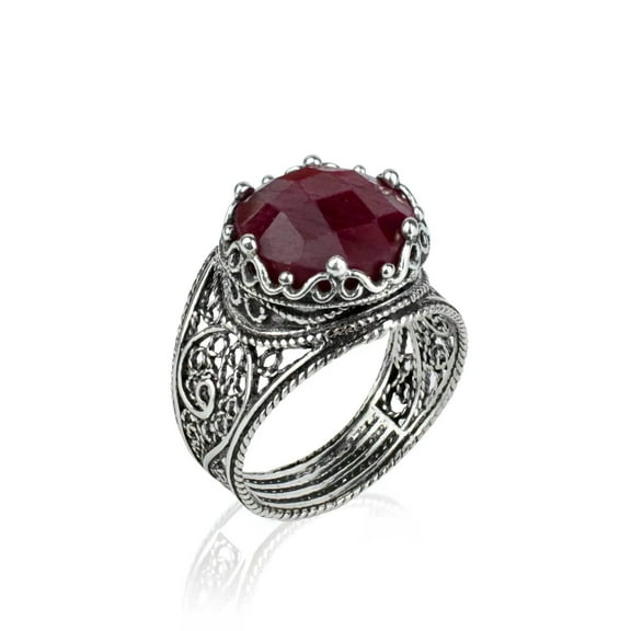 Filigree Art Ruby Corundum Gemstone Crown Design Women Silver Cocktail Ring