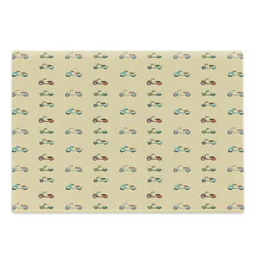 Urban Cutting Board, Cartoon Style Pattern with Colorful Scooters Retro Transportation Vehicles Traffic, Decorative Tempered Glass Cutting and Serving Board, Large Size, Multicolor, by Ambesonne