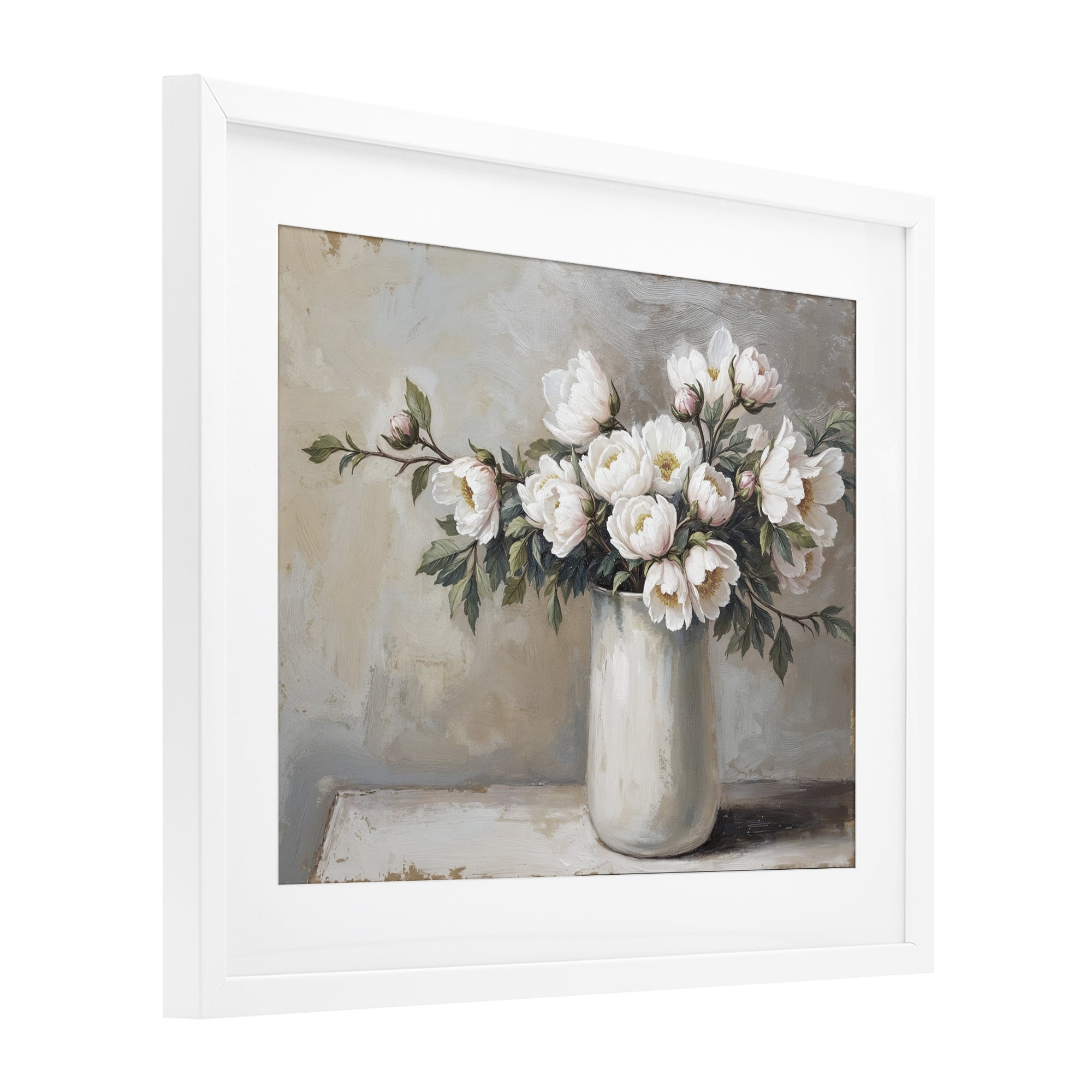White Flowers in Vase Still Life White Framed Print Under Glass, design by Lettered and Lined