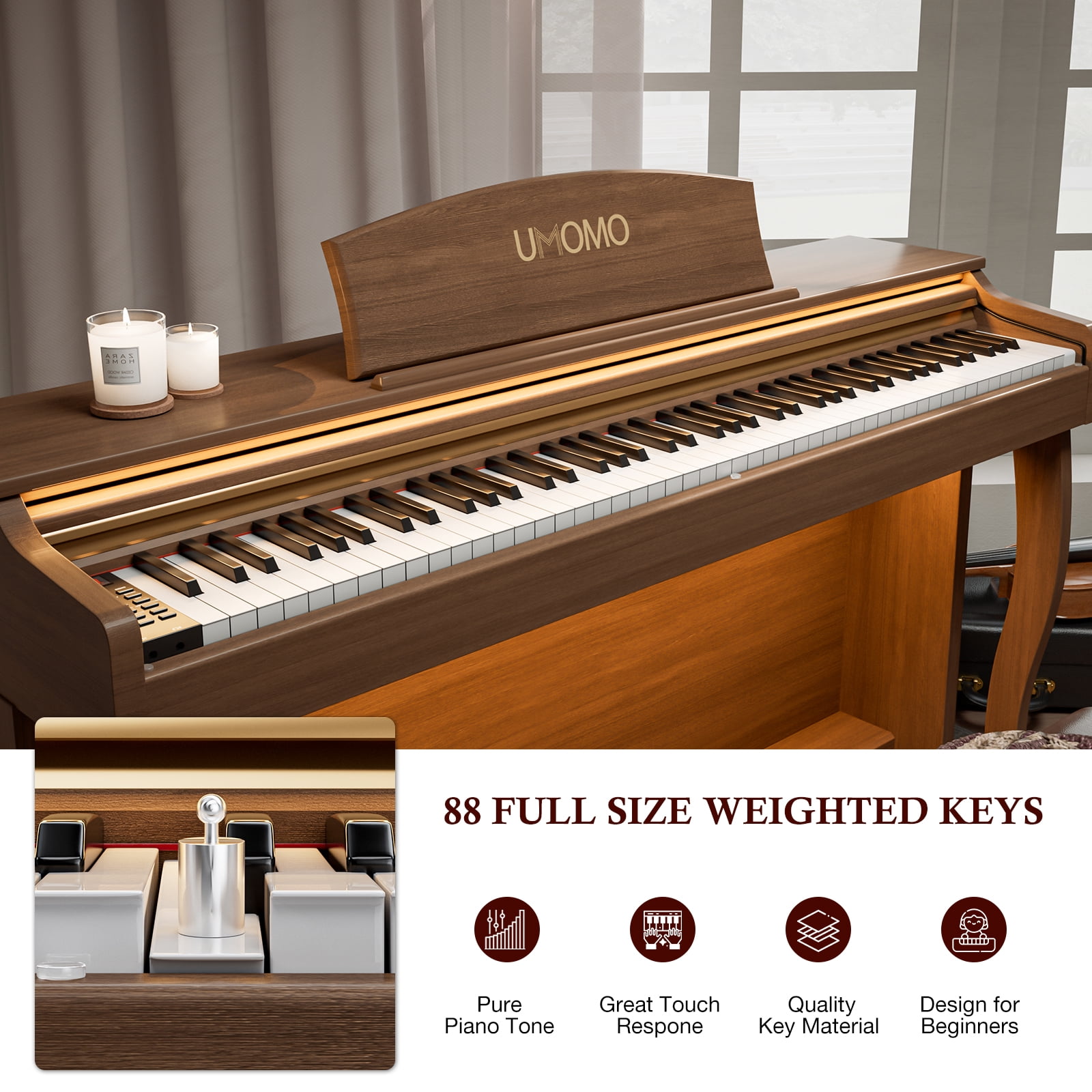 UMOMO U-732 88 Weighted Key Digital Piano with Adjustable Light, Hammer Action Electric Piano with Piano Stand, Full Size Electronic Piano Keyboard for Beginner, Adults, Brown