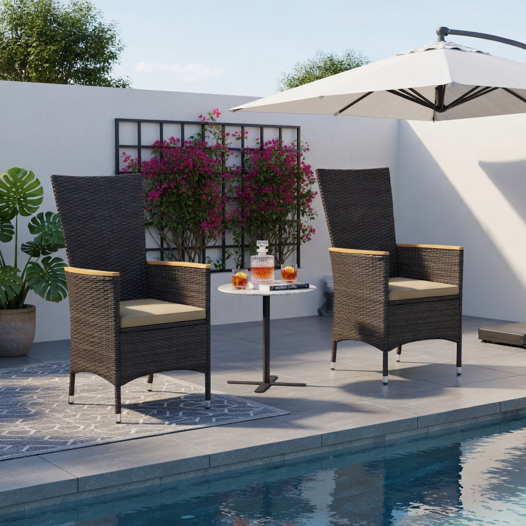 Hommoo 4-Piece Outdoor Dining Chair Set, High-Back Wicker Patio Chairs with Cushions, PE Rattan & Acacia Wood Frame, Weather-Resistant for Backyard, Porch & Poolside, Natural