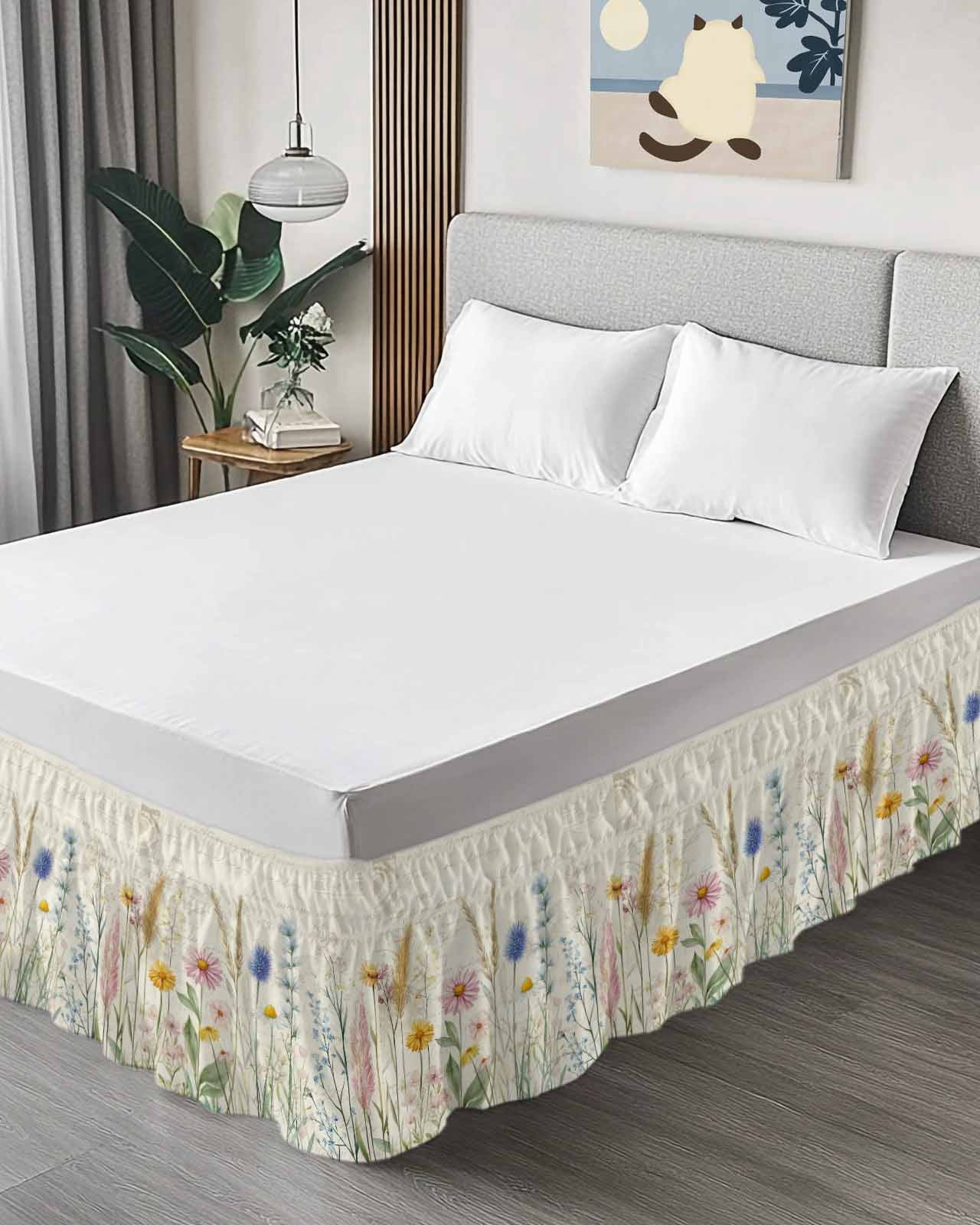 Spring Floral Bed Skirt Queen Size, Summer Flower Botanical Farmhouse Wrap Around Bed Skirting with Adjustable Elastic Strap, Dust Ruffle Pleated Bedskirts 16 Inch Drop for Bedroom Queen Beds