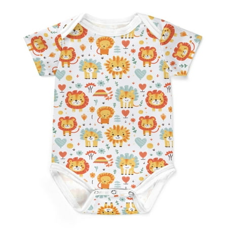 Cartoon Lions Baby Bodysuit Girl Boy Cute Lion Boho Floral Leaves Short Sleeve Baby Romper Outfit T-Shirt Cotton