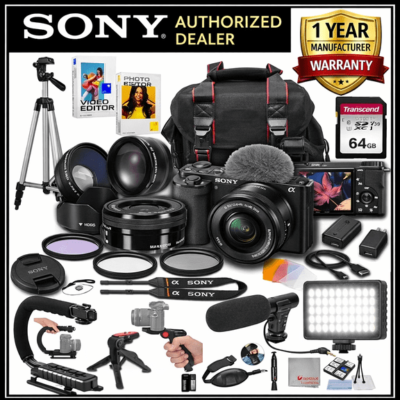 Sony ZV-E10   16-50mm Lens, LED Light, Microphone, 64GB, U-Grip, Filters, Tripod, Case, Software, & More ? Pro Video Bundle (38pc)