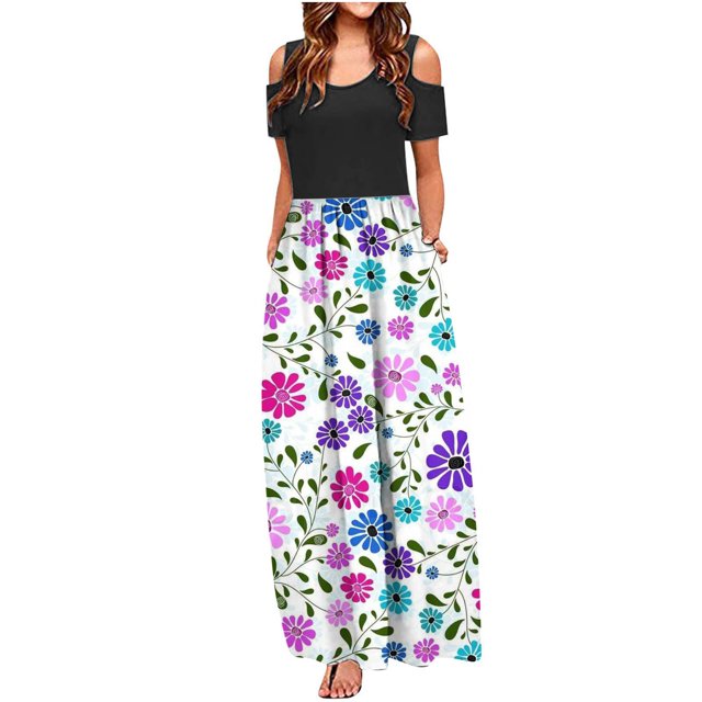 SMihono Robe Maxi Bohème d'Été pour Femmes Grande Taille Mode Décontractée Manches Courtes Épaules Dénudées Imprimé Col Rond Robe de Plage