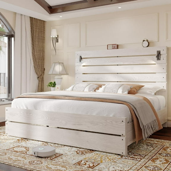 Merluxy Queen Size Farmhouse Platform Bed Frame with 51”Tall Headboard, LED Reading Lights, Sturdy Construction, Easy Assembly, Ash White
