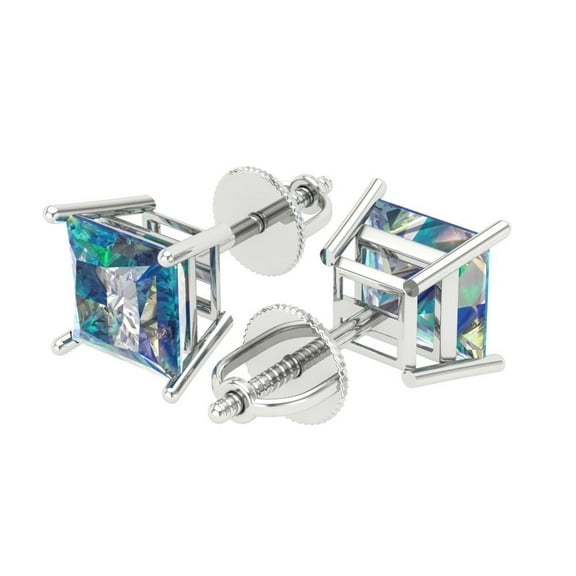 4 Ct Princess Cut Studs Blue Moissanite 14K White Solid Solid Gold Everyday Dainty Earrings Screw Back