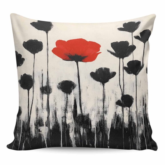 Throw Pillow Covers 16x16 Inch, Black Red Flowers Decorative Pillow Cases for Couch Sofa Bed, Vintage Farmhouse Spring Floral Herbs Cotton Linen Square Home Decor Pillowcases with Hidden Zipper