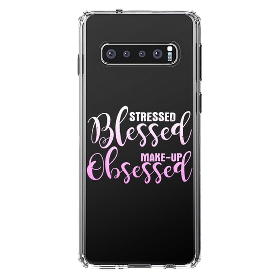 DistinctInk Clear Shockproof Hybrid Case for Samsung Galaxy S10  PLUS (6.4" Screen) - TPU Bumper Acrylic Back Tempered Glass Screen Protector - Stressed Blessed Make Up Obsessed