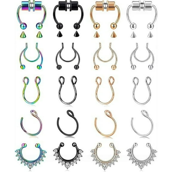 24PCS Magnetic Fake Nose Ring Set, Hypoallergenic Stainless Steel Non-Piercing Septum Hoop & Stud, Adjustable Faux Nose Ear Lip Cuffs Jewelry for Women Men Daily Wear
