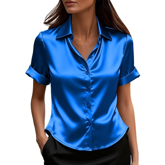 Women's Satin Short Sleeve Shirt Dressy Button down Silk Lapel Collar Tops Business Casual Work Office Outfits