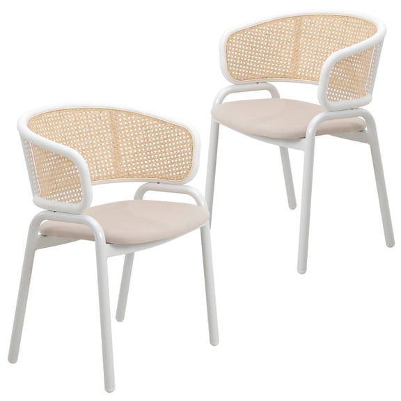 Leisuremod Ervilla Mid-Century Modern Dining Armchair with White Powder Coated Steel Legs and Wicker Back for Kitchen and Dining Room Set of 2, Beige