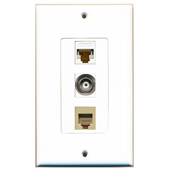 RiteAV - 1 Port Phone RJ11 RJ12 Beige and 1 Port BNC and 1 Port Cat6 Ethernet White Decorative Wall Plate Decorative