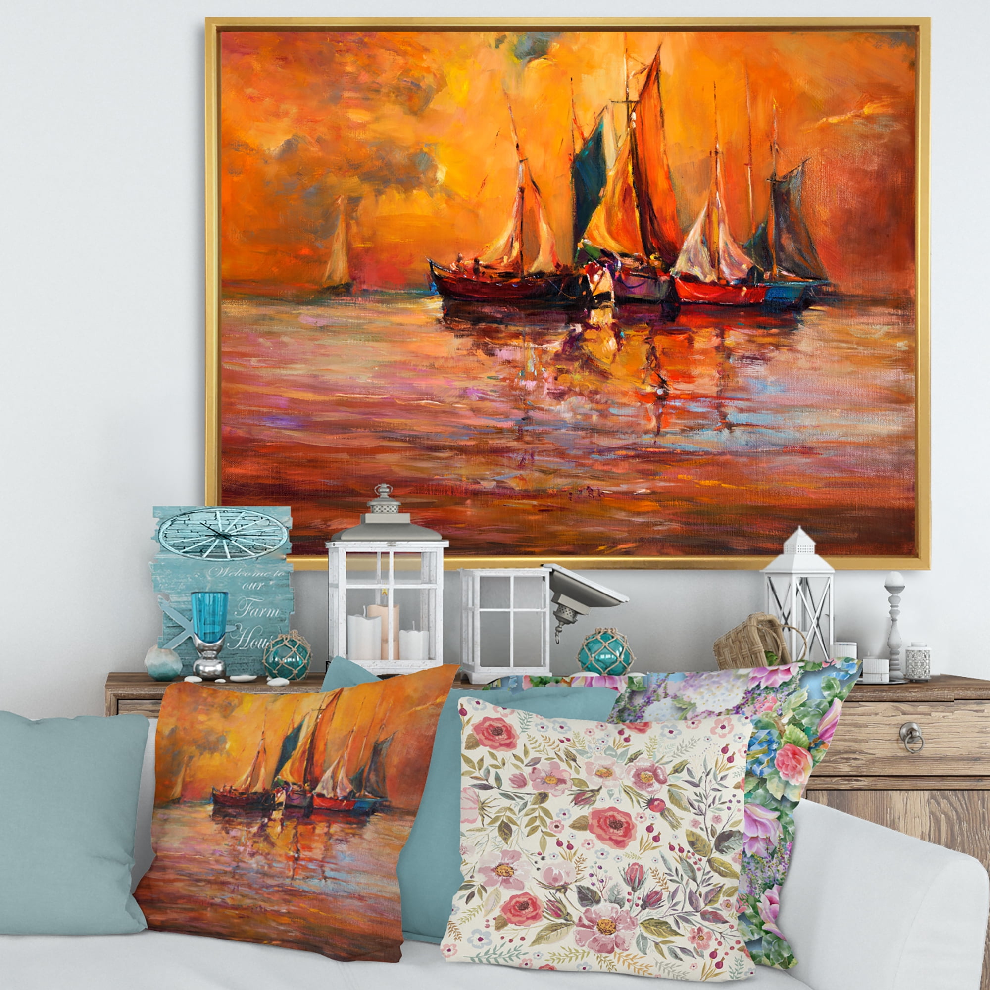 Designart 'Boats During Evening Sunset In The Ocean I' Nautical & Coastal Framed Canvas Wall Art Print