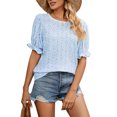 thumbnail image 1 of Blusa de manga con volantes estampada, cuello redondo, borde elástico, blusa informal para mujer, citas, azul XL, 1 of 6