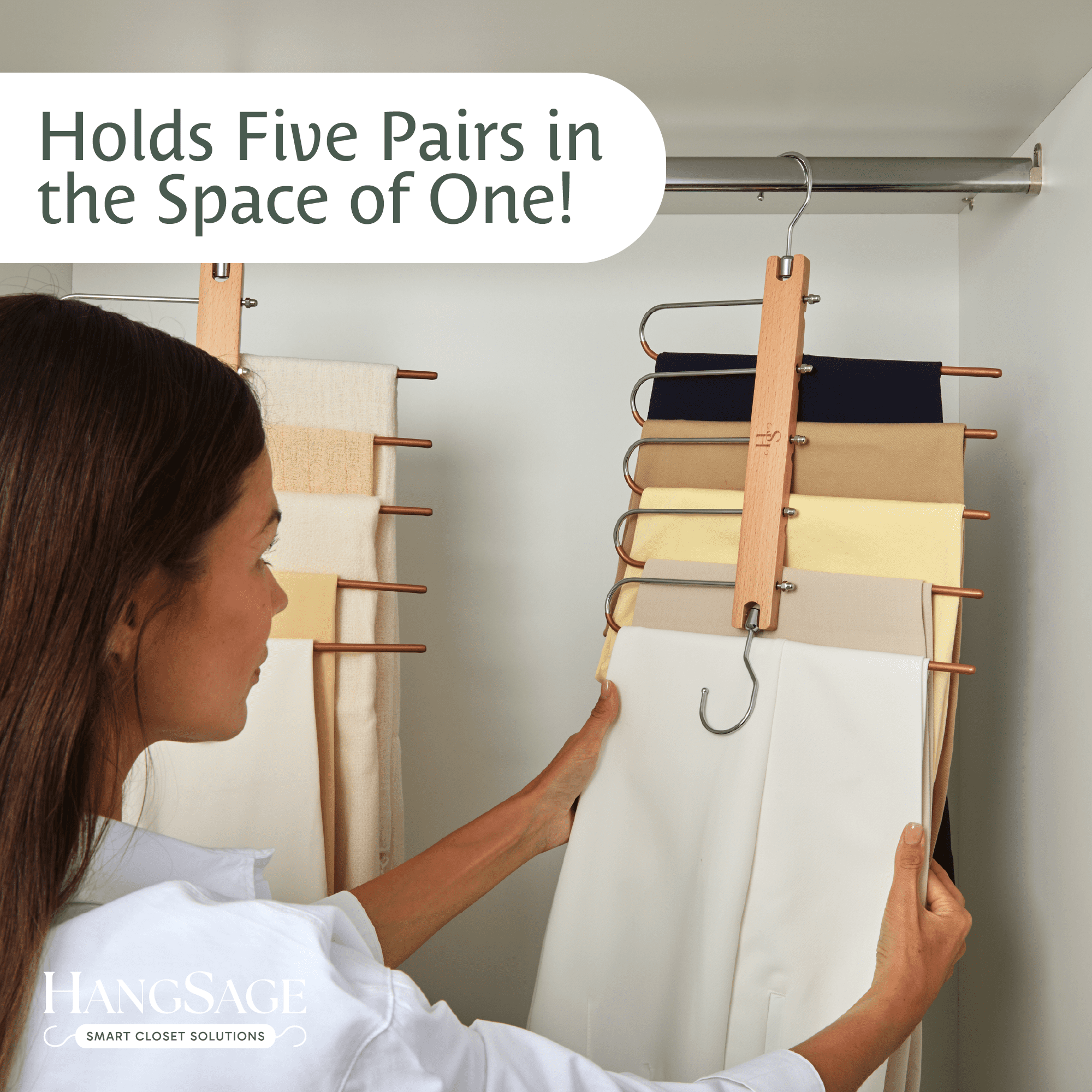 HANGSAGE Pants Hangers, 2-Pack Space-Saving Beechwood & Metal Jean Holder, 5-Tiers, 360° Swivel Hook & Non-Slip Rods, Elegant Closet Organizer