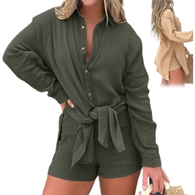 Barcelona Breeze Conjunto de vestido mameluco, verano sexy casual camisa suelta tops+pantalones cortos para mujer 2 piezas