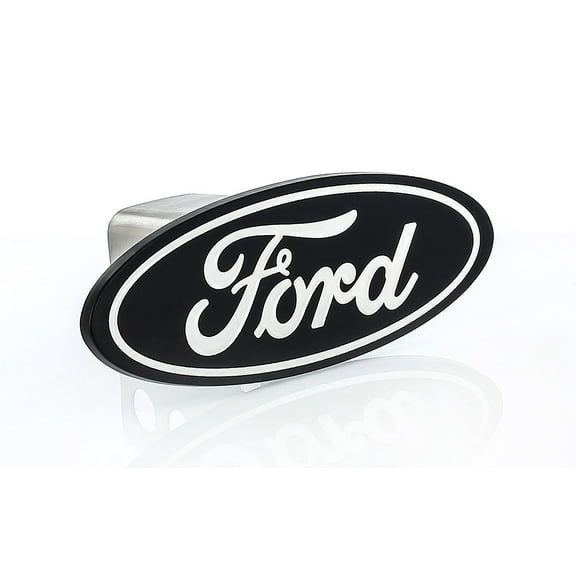 Ford White Logo on Black Oval Metal Trailer Hitch Cover Plug (2 inch post)