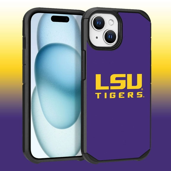 Apple iPhone 15 (6.1) / iPhone 14 (6.1) / iPhone 13 (6.1) - Licensed NCAA University of LSU Tigers Logo on Purple Textured Dual Layer Case