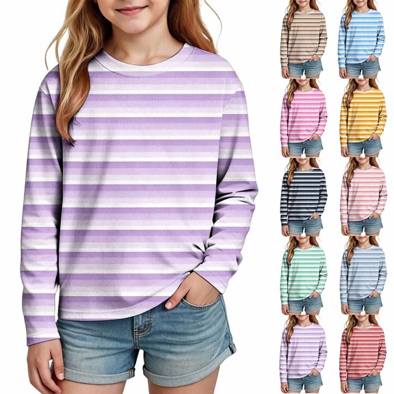 Ashirexll Girls Long Sleeve Shirts Gradient Striped Print Long Sleeve Casual Top for Big Girls 3-14 Years