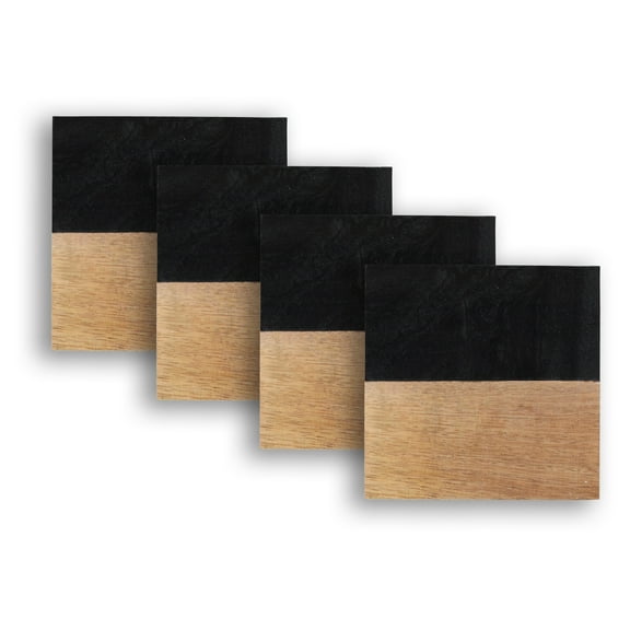 Dainty Home 4-Piece Square Wood and Blavk Resin Coaster Set – 4" Modern Decorative Drink Coasters